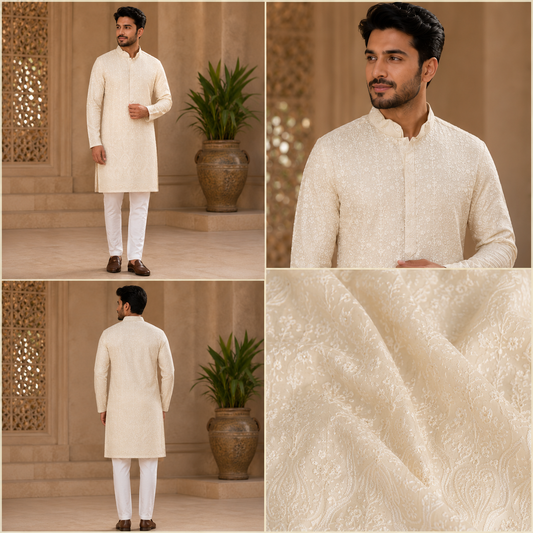 Ivory White Embroidered Festive Kurta for Men