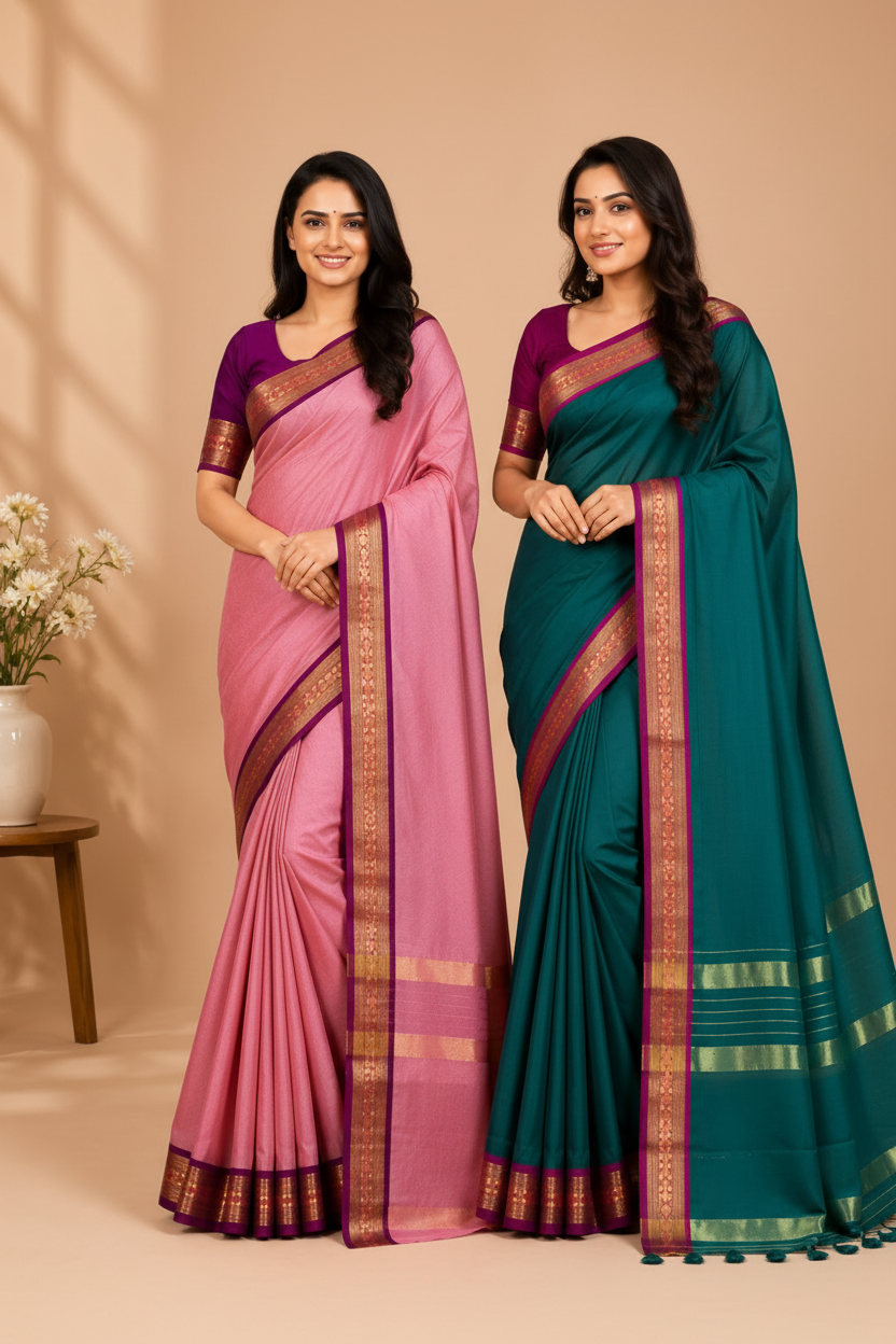 Elegant Silk Blend Saree  Pink & Teal Green Traditional Sarees