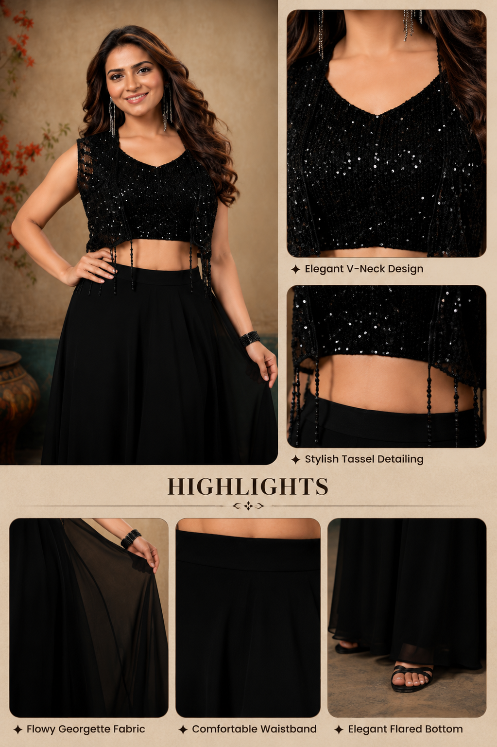 Women's Black Sequin Crop Top & Flared Georgette Skirt Set