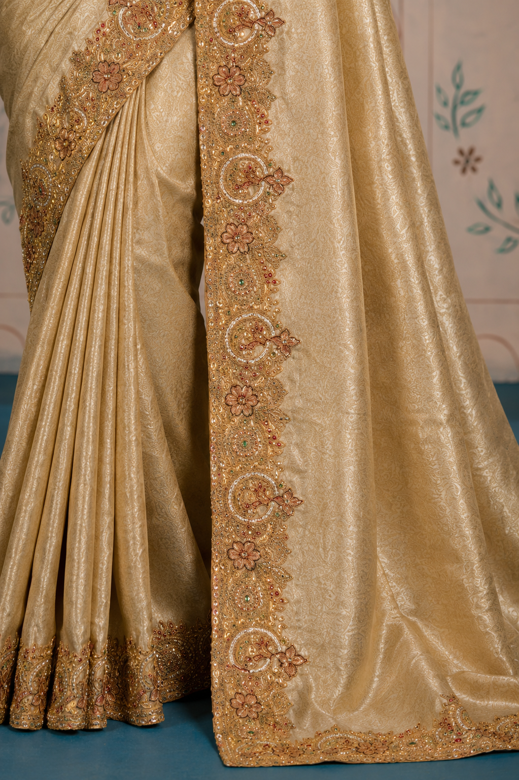 Gold Designer Saree with Intricate Zari Embroidered Border