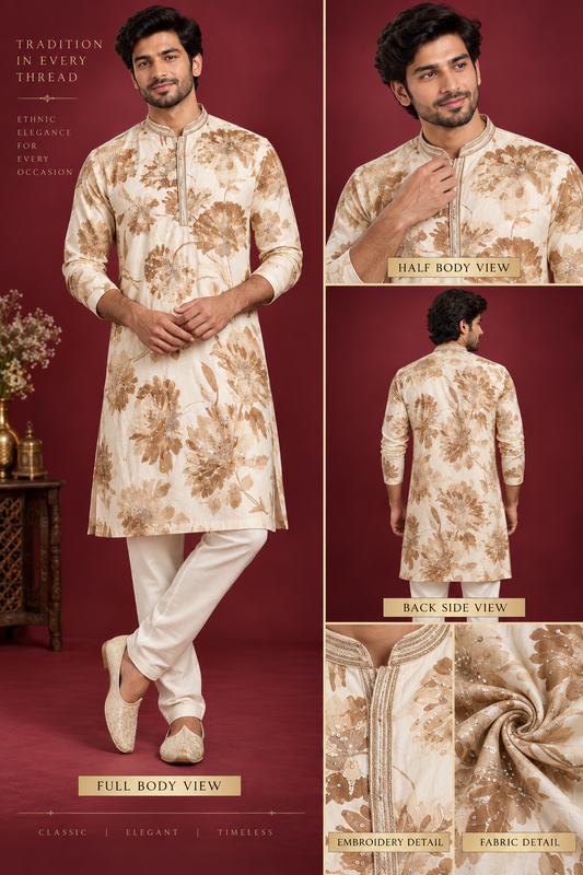 : Ivory Floral Embroidered Kurta Set