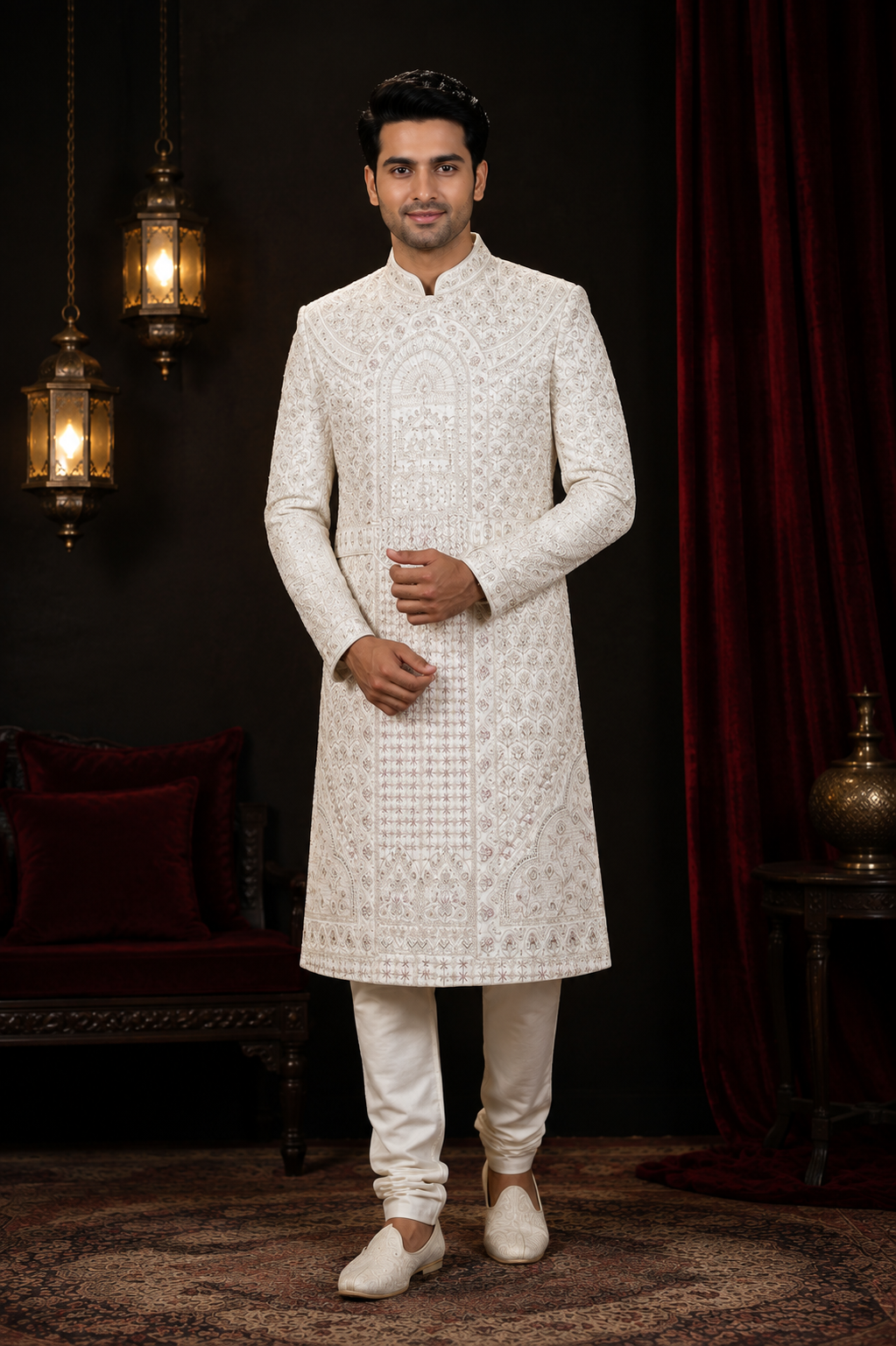 Ivory Embroidered Royal Sherwani Set