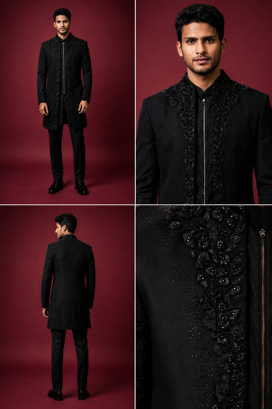 Black Embroidered Indo-Western Sherwani Set