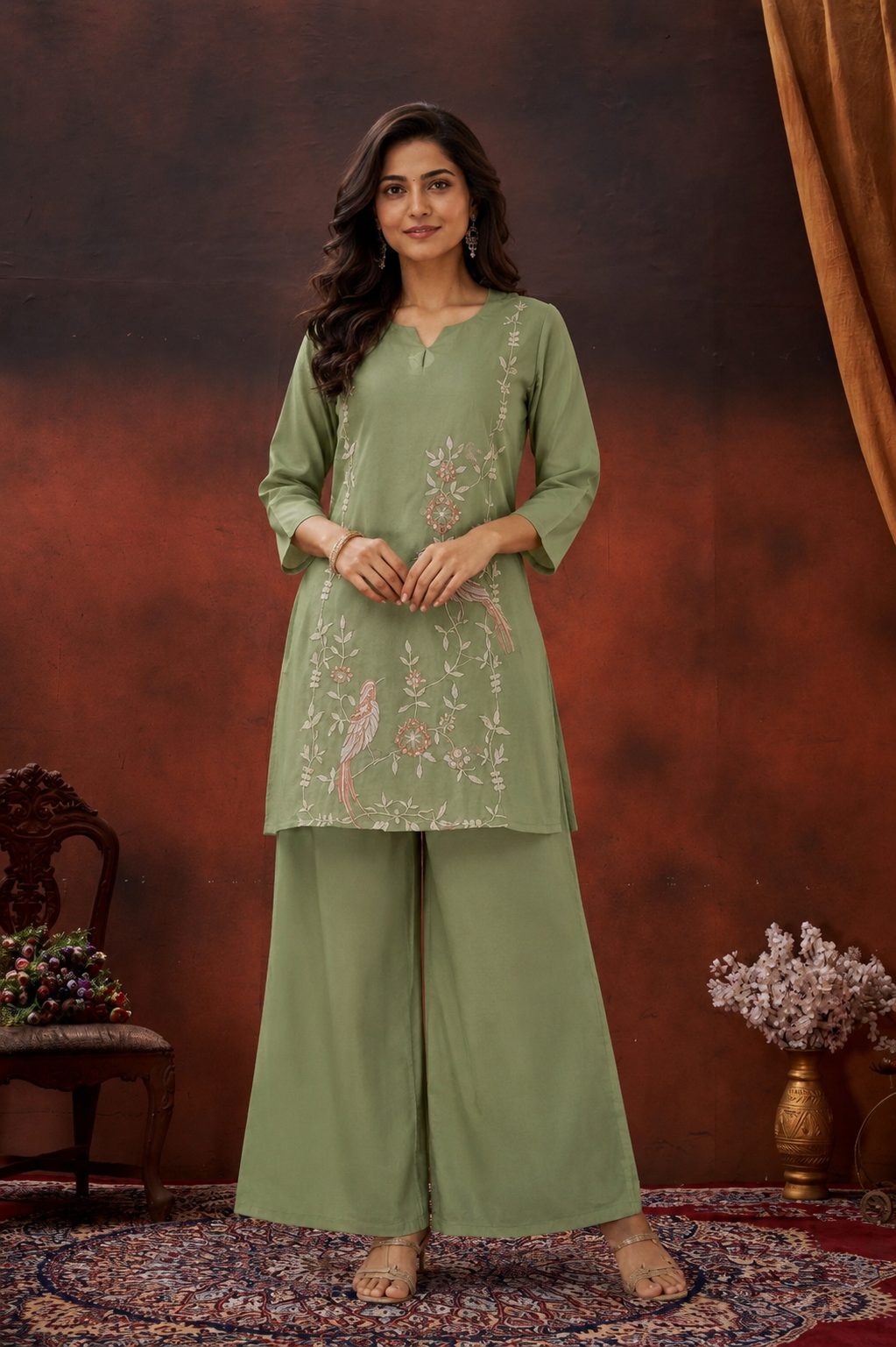 Sage Green Chanderi Embroidered co-ord set
