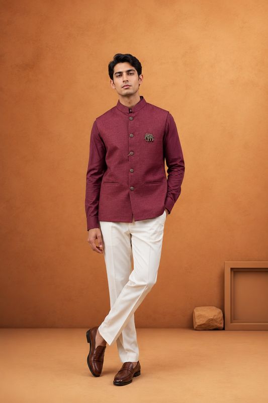 Men Maroon Plain Self Textured Shirt Jacket Set
