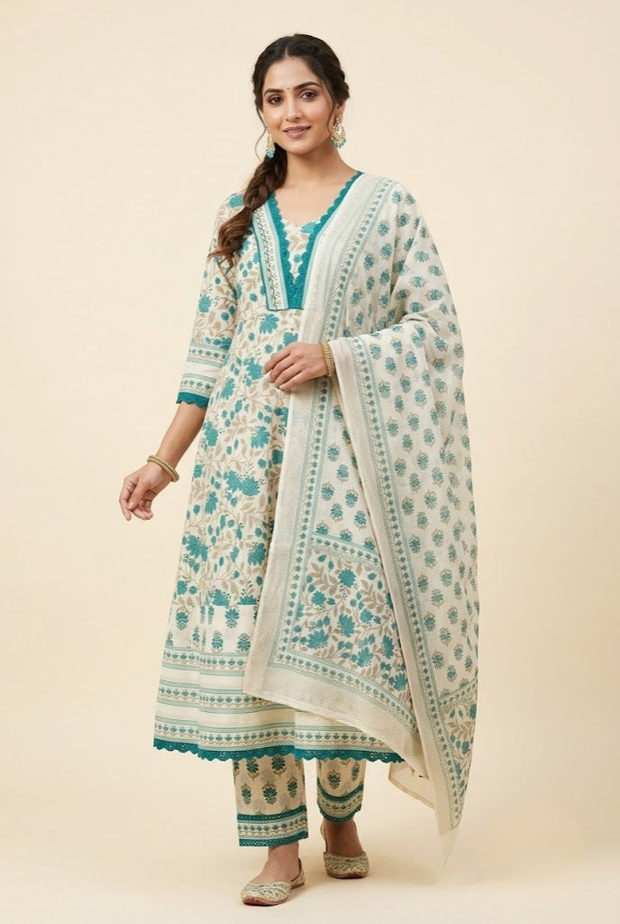 Off-White & Teal Floral Block Print A-Line Kurta Set with Lace Hem & Dupatta