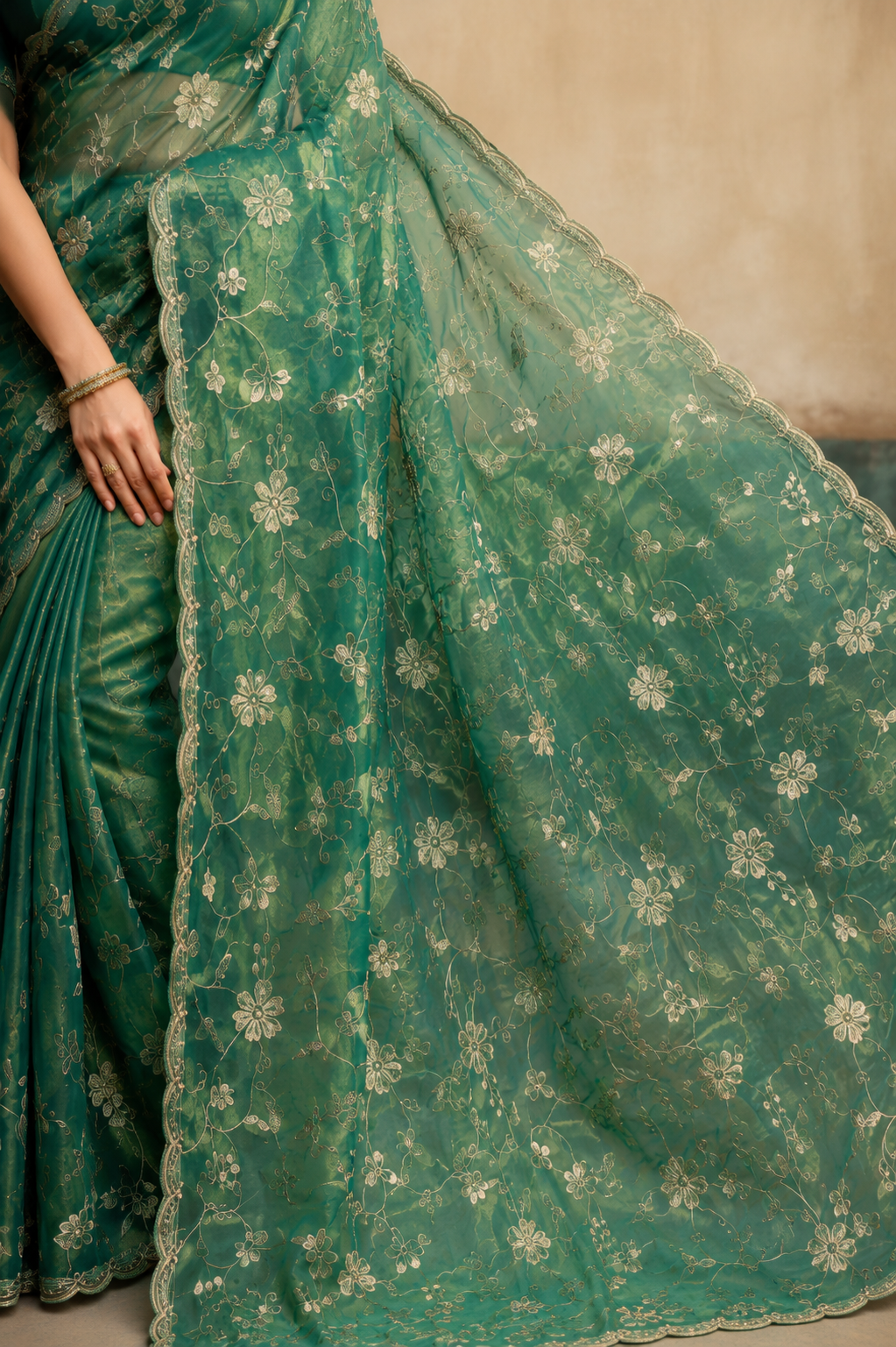 Sea Green Floral Embroidered Organza Saree