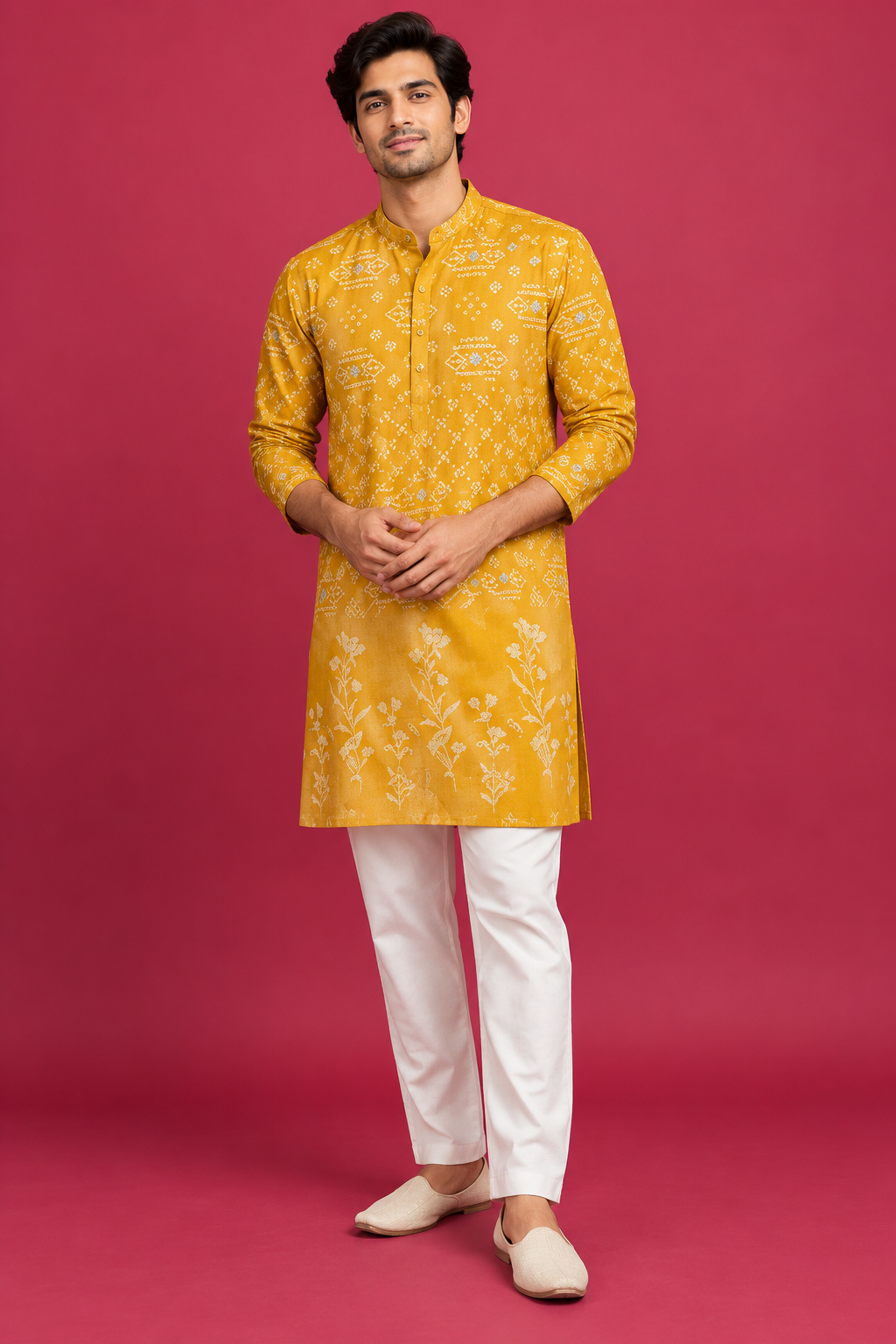 Mustard Yellow Printed Festive Kurta Set