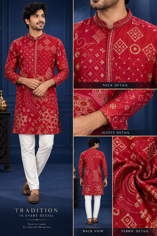 Royal Red Bandhani-Inspired Kurta Set