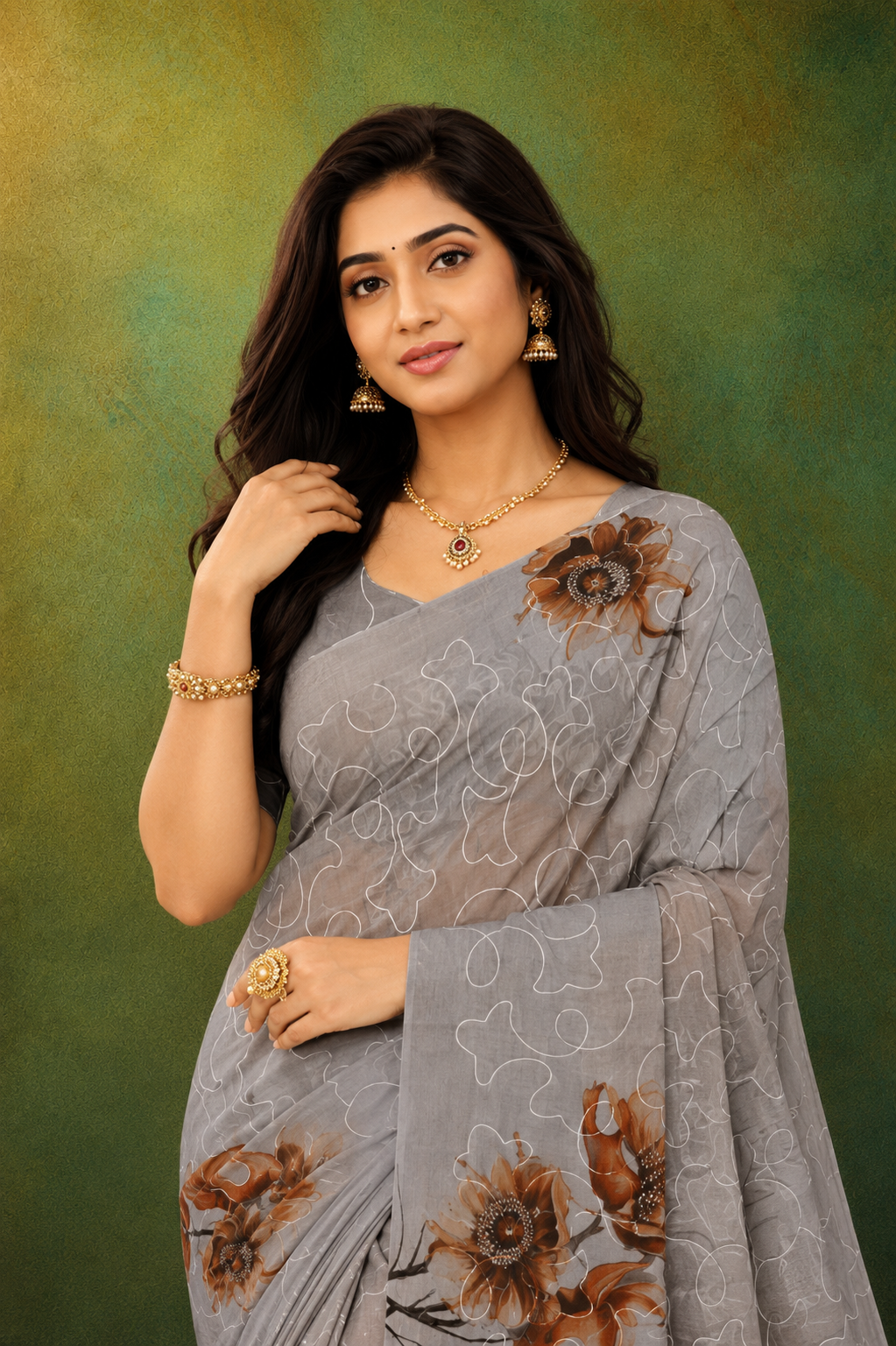 Elegant Grey Organza Embroidery Saree with Floral Print