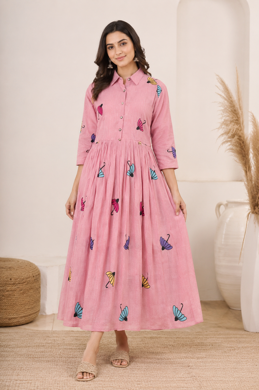 Blush Pink Butterfly Embroidered Shirt Dress