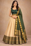 Royal Cream & Emerald Green Woven Silk Lehenga Choli with Zari Dupatta