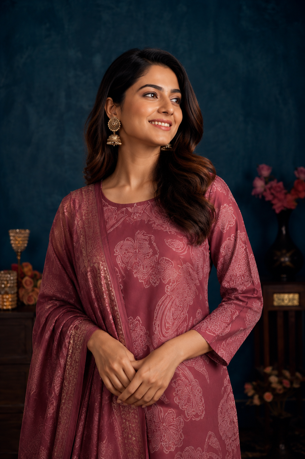 Dusty Rose Floral Printed Kurti Pant & Dupatta Set