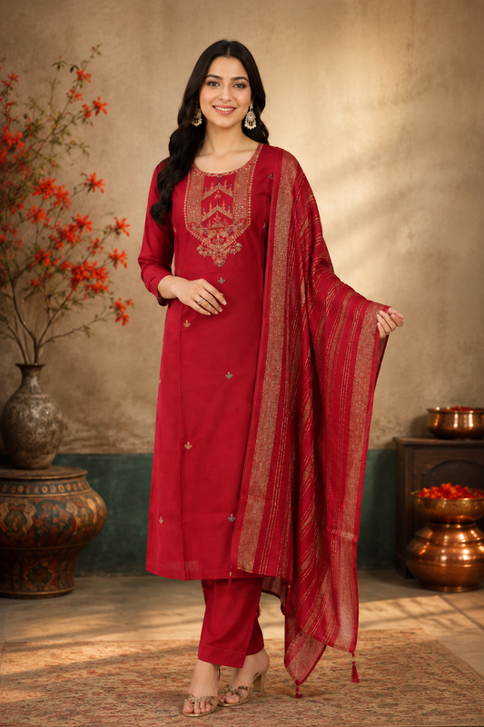 Elegant Red Embroidered Kurti Pant & Dupatta Set