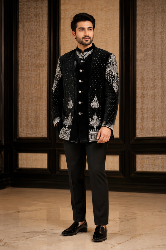 Men’s Black Embroidered Indo-Western Jacket Set