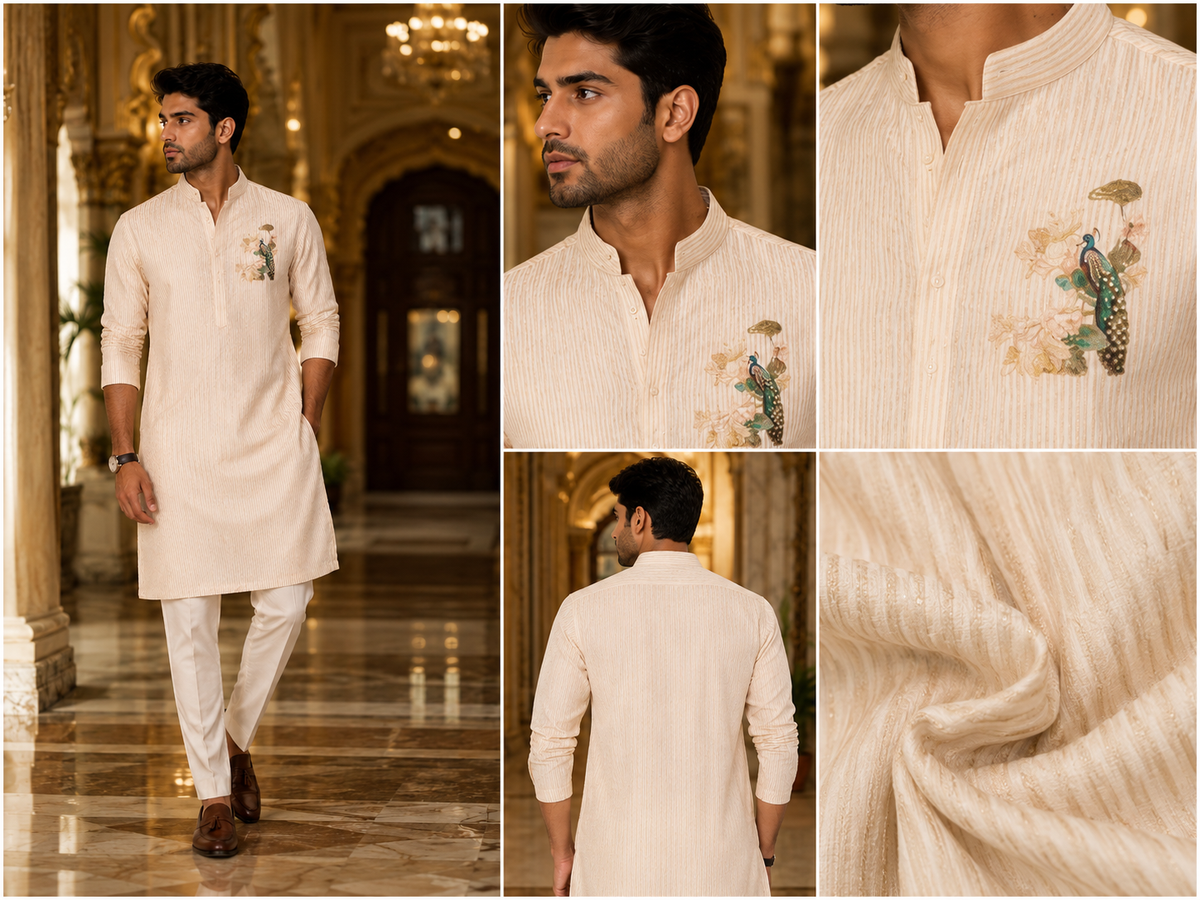 Ivory Striped Embroidered Men’s Festive Kurta