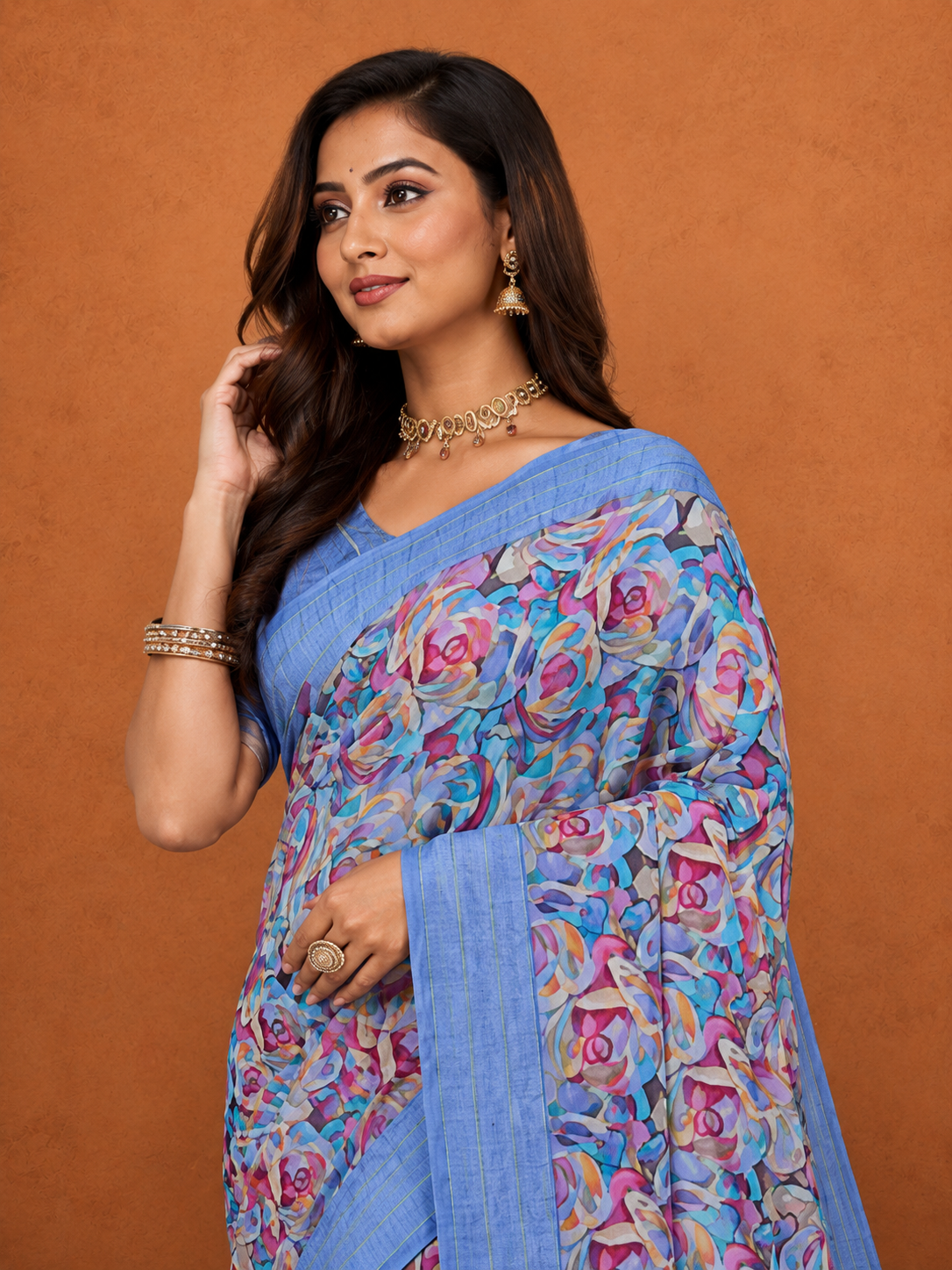 Sky Blue Floral Printed Saree with Elegant Woven Border | Lightweight Party & Festive Wear