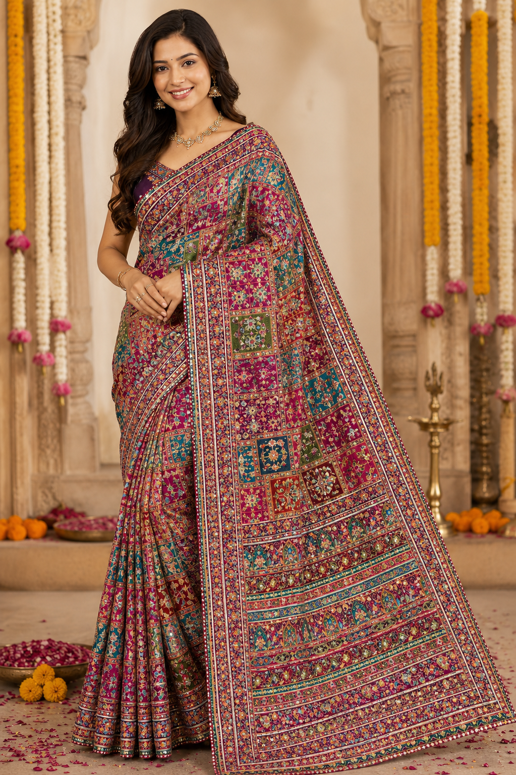 Royal Heritage Patchwork Embroidered Saree with Designer Blouse