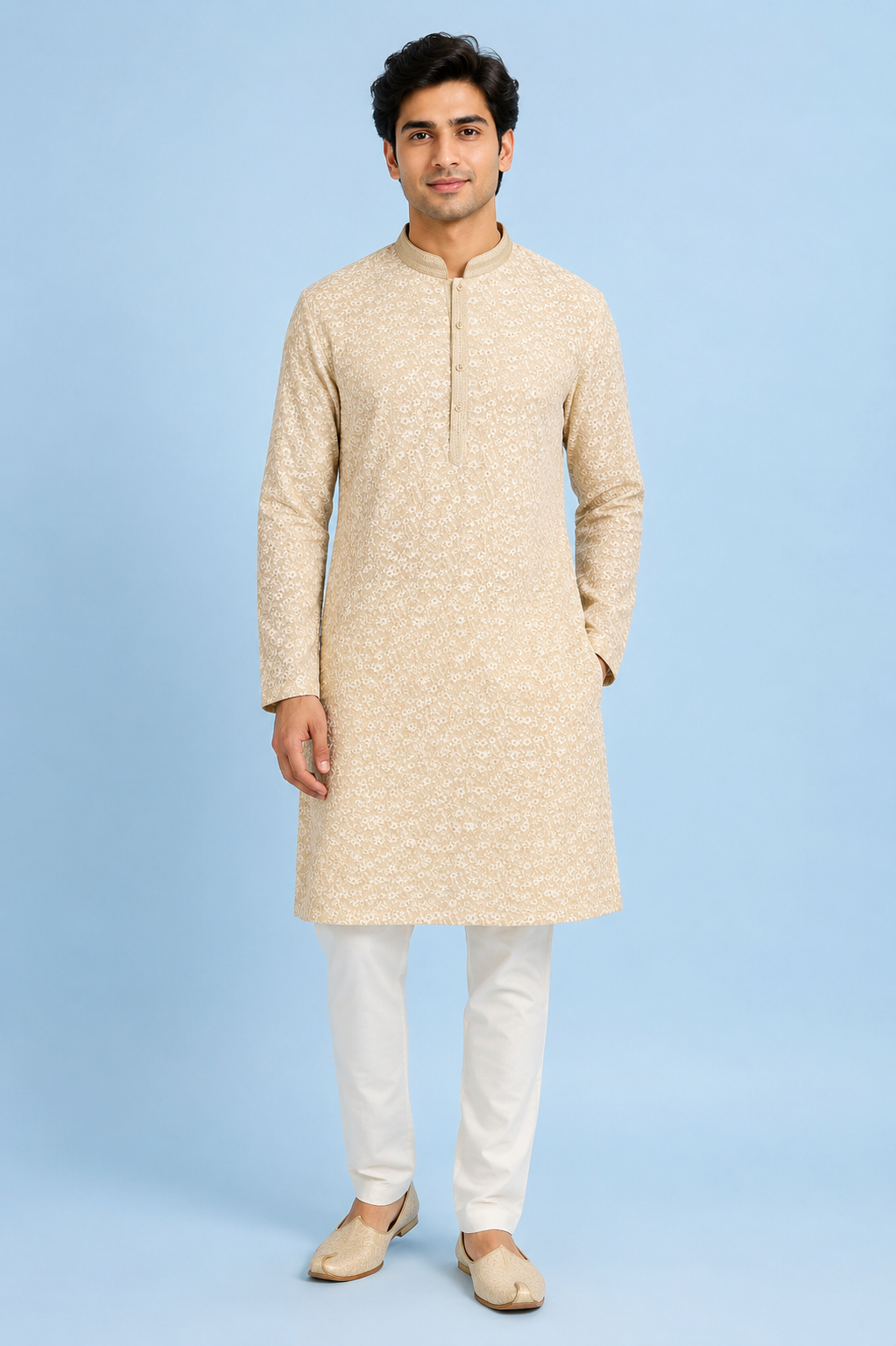 Ivory Floral Embroidered Kurta Set for Men