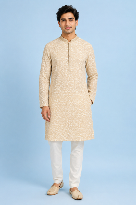Ivory Floral Embroidered Kurta Set for Men