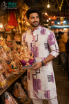 Ivory Purple Abstract Print Festive Kurta for Men