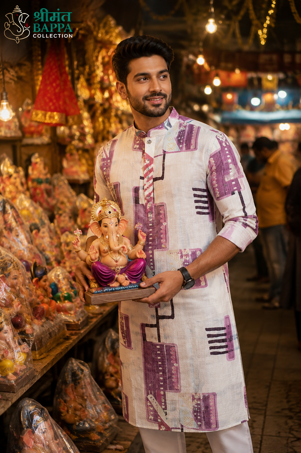 Ivory Purple Abstract Print Festive Kurta for Men