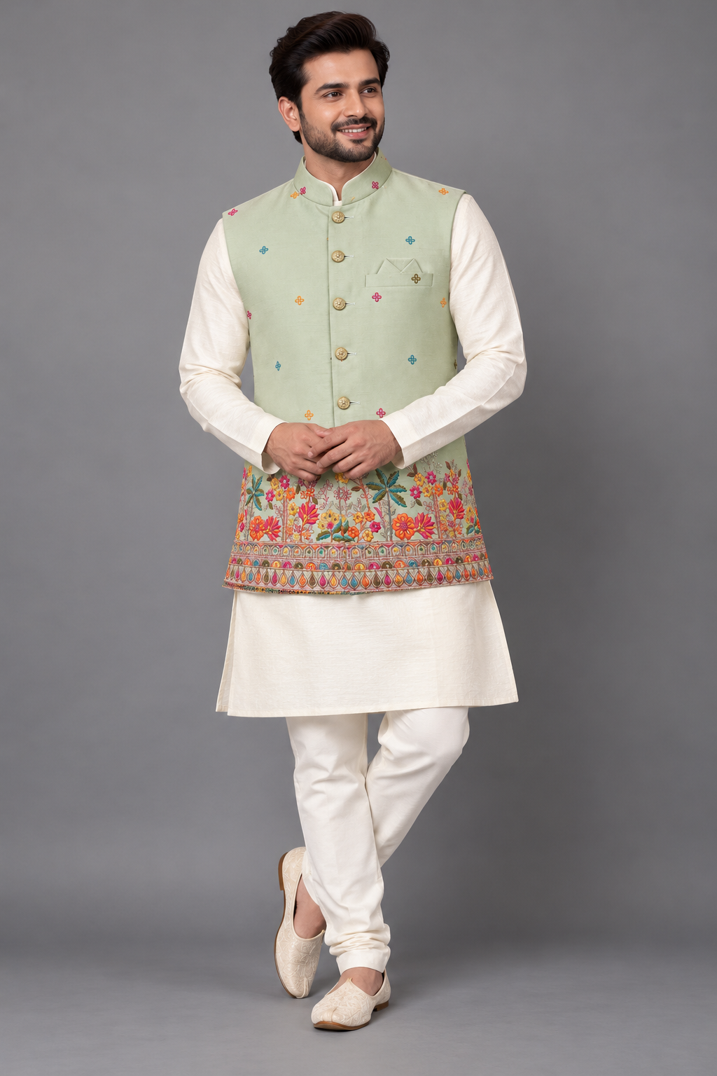 Pastel Sage Green Floral Embroidered Modi Jacket