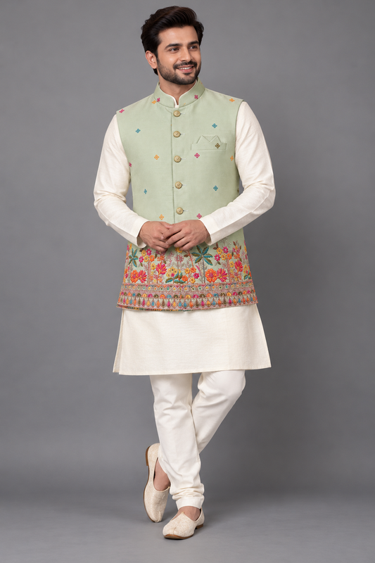 Pastel Sage Green Floral Embroidered Modi Jacket