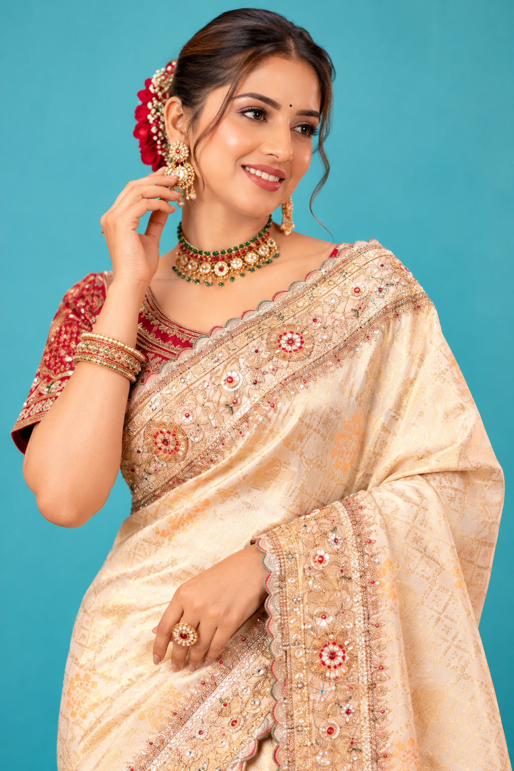 Royal Ivory Cream Designer Saree with Heavy Golden Embroidered Border & Rich Pallu
