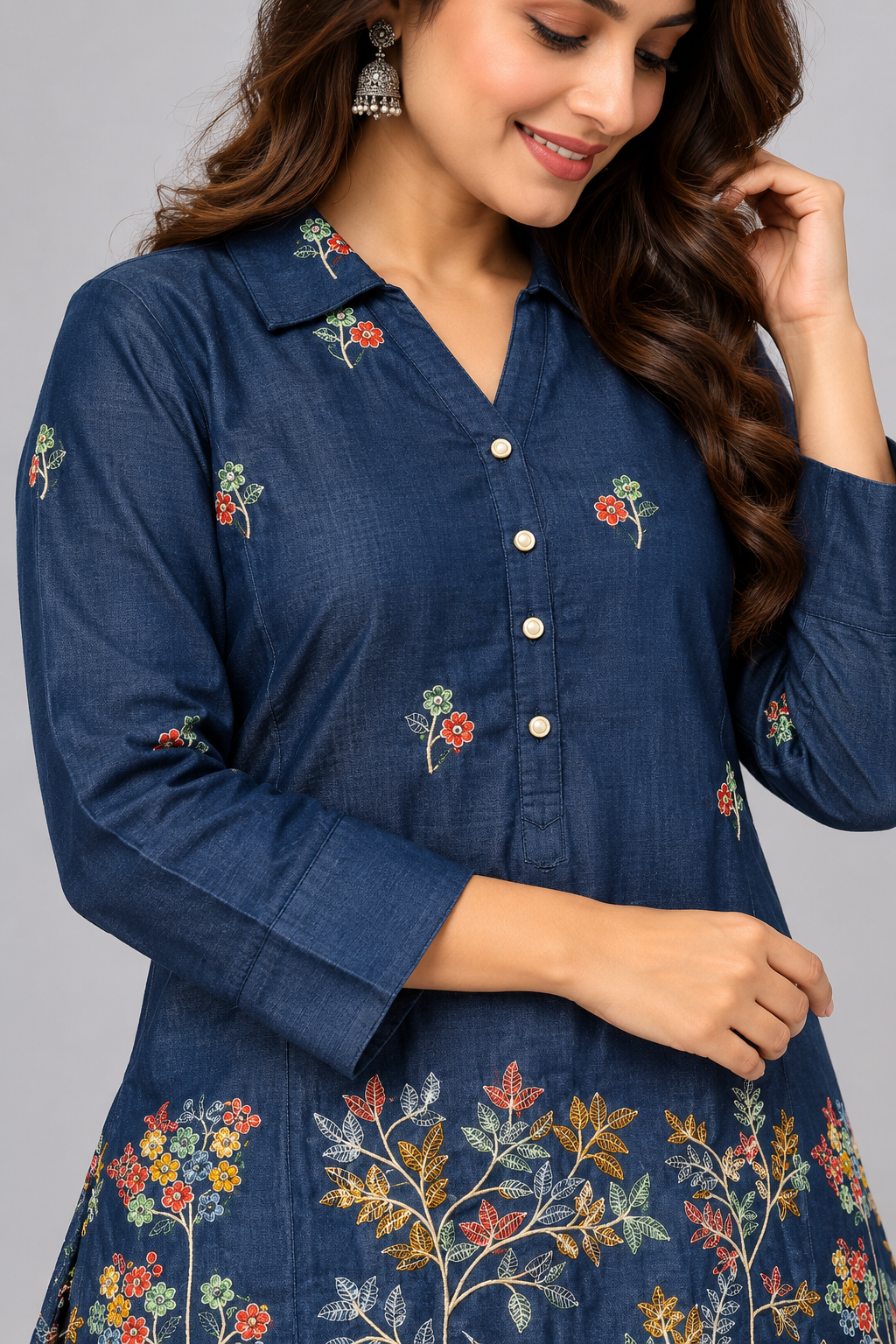 Women's Navy Blue Floral Embroidered Co-Ord Set