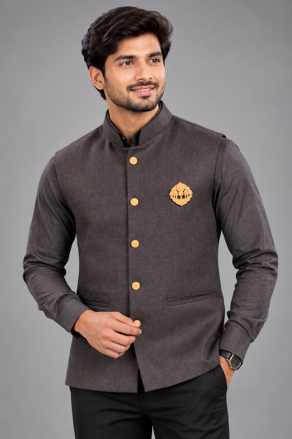Men's Premium Charcoal Grey Nehru Jacket with Matching Shirt