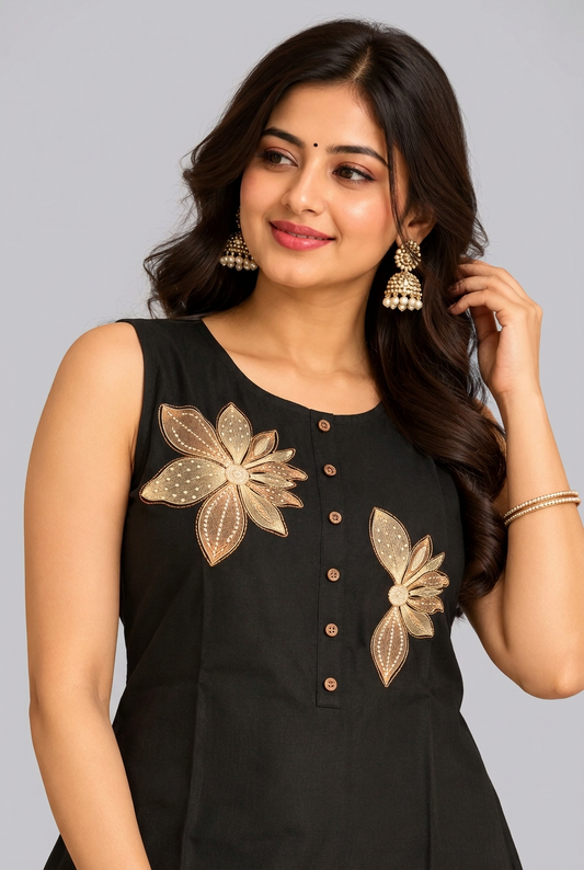 Elegant Black Floral Embroidered Kurta Palazzo Set for Women