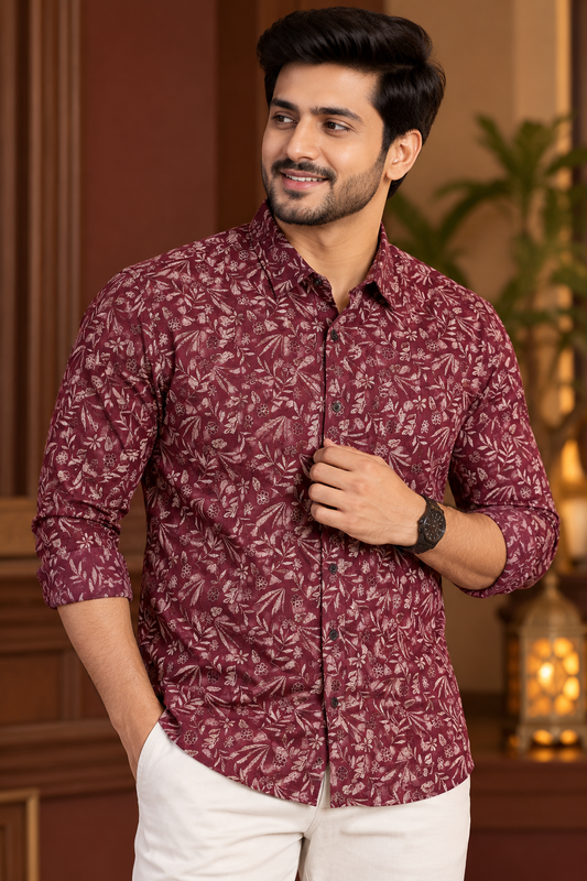 Maroon Botanical Print Casual Shirt