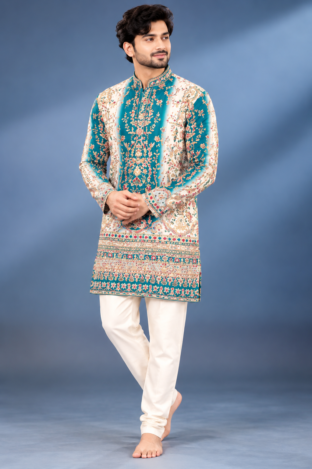 Premium Teal Floral Printed Kurta Set