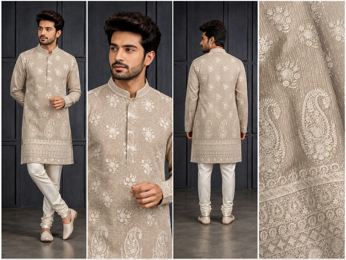 Beige Embroidered Paisley Festive Kurta Set for Men
