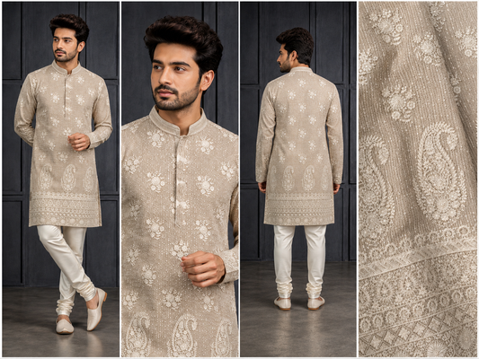 Beige Embroidered Paisley Festive Kurta Set for Men