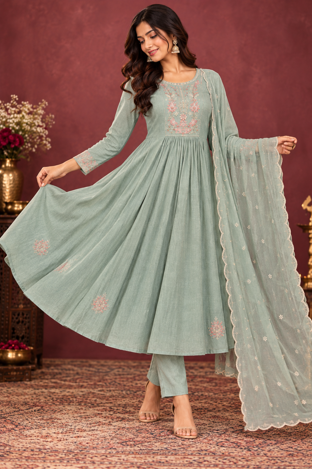 Sage Green Embroidered Anarkali Suit Set