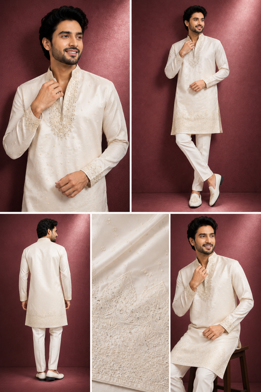 Ivory Gold Embroidered Festive Kurta Set