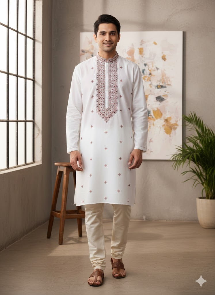 Elegant Off-White Embroidered Kurta Set