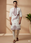 Ivory White Peacock Print Kurta Set with Ethnic Elegance