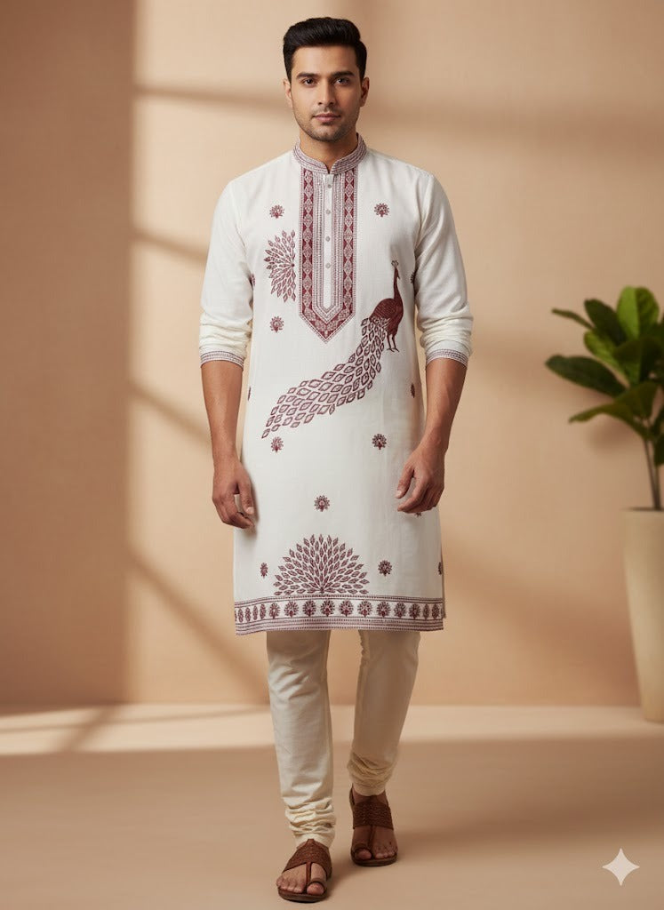 Ivory White Peacock Print Kurta Set with Ethnic Elegance