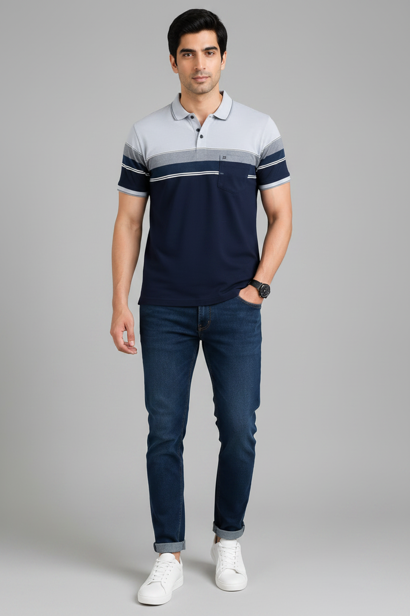 Men’s Navy Blue Striped Polo T-Shirt