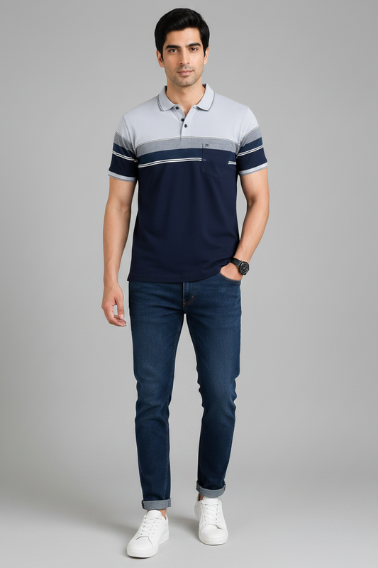 Men’s Navy Blue Striped Polo T-Shirt