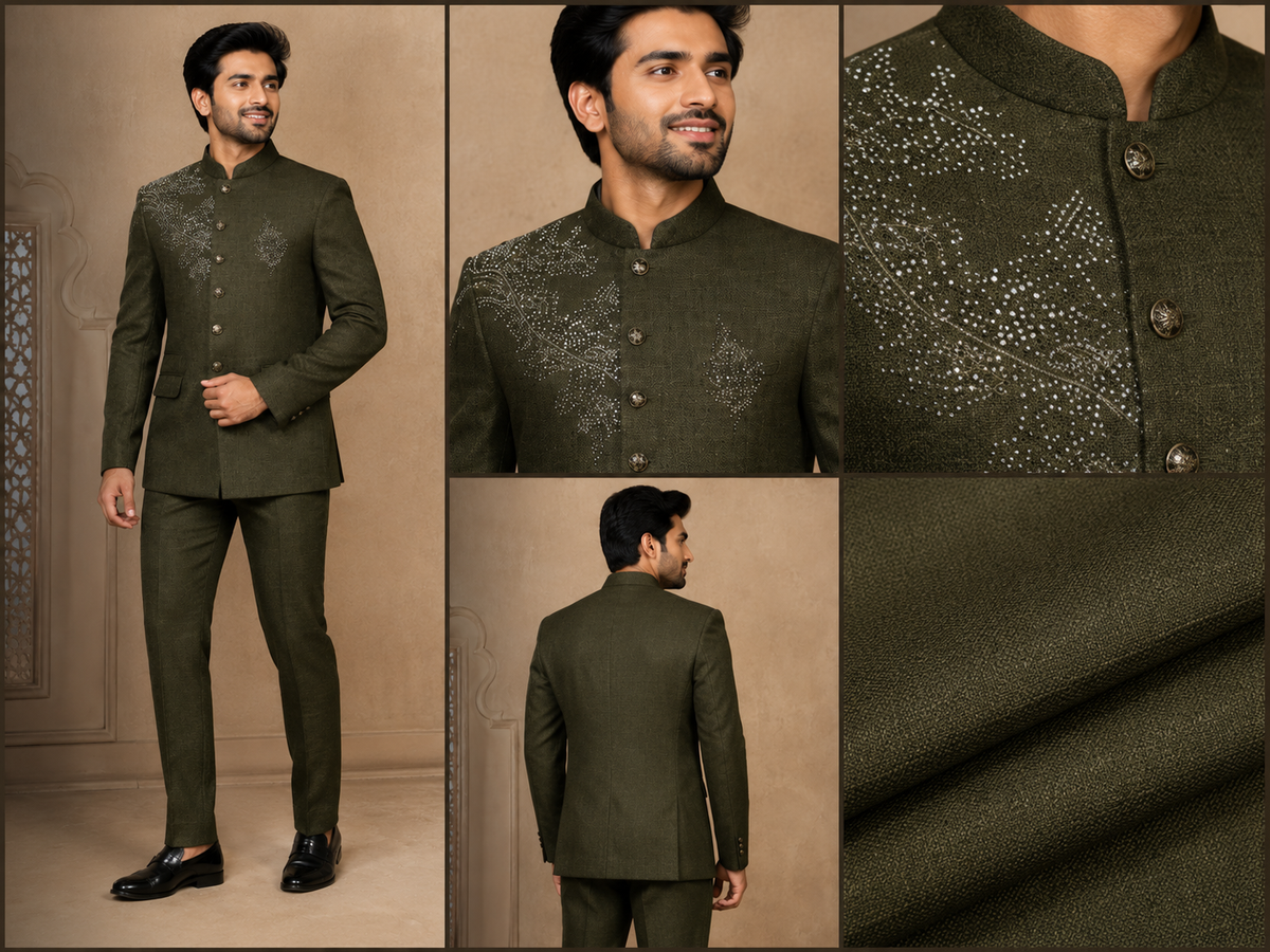 Olive Green Embellished Jodhpuri Bandhgala Suit