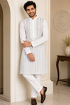 White Striped Embroidered Kurta Pajama for Men