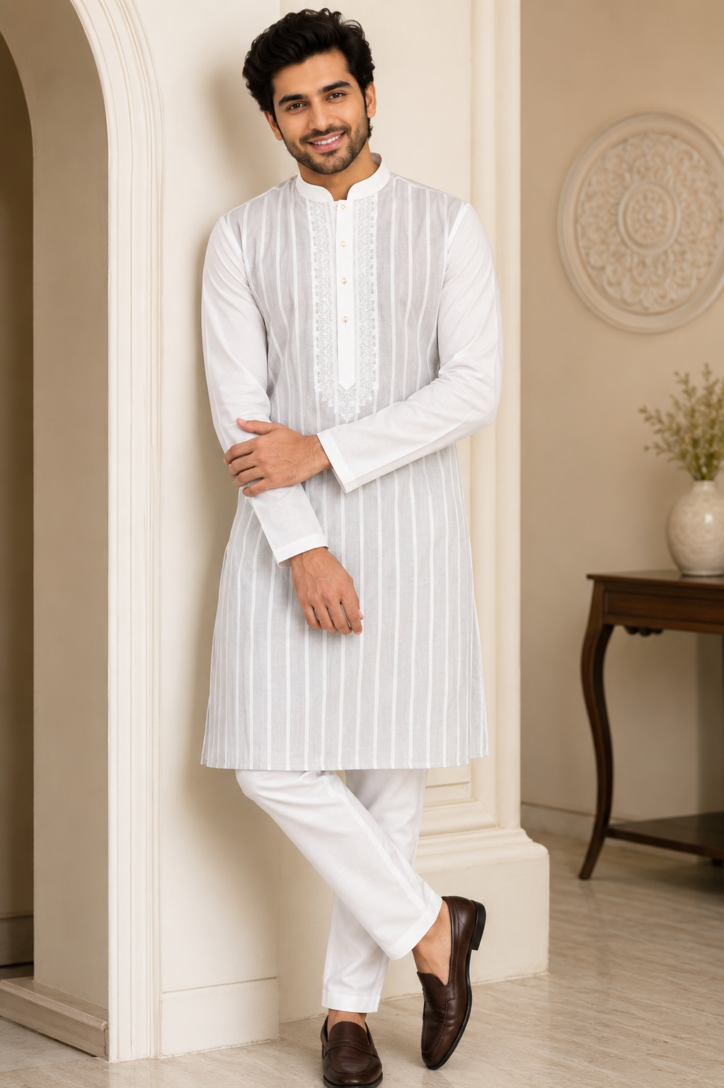 White Striped Embroidered Kurta Pajama for Men