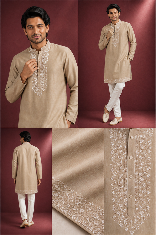 Beige Embroidered Festive Kurta Set for Men