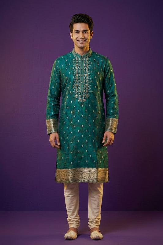 Men’s Emerald Green Embroidered Festive Kurta