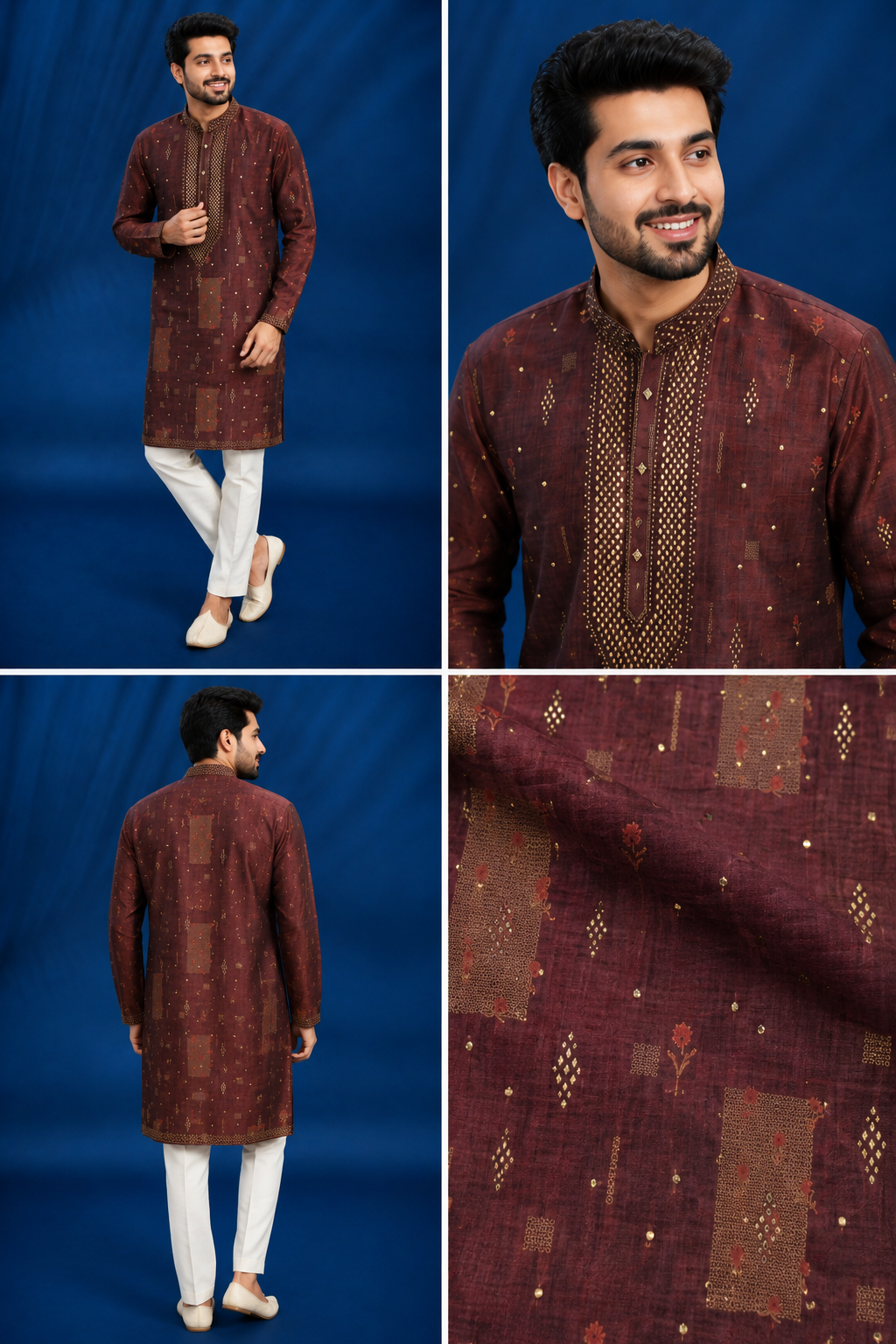 Deep Maroon-Brown Geometric Printed Kurta for Men
