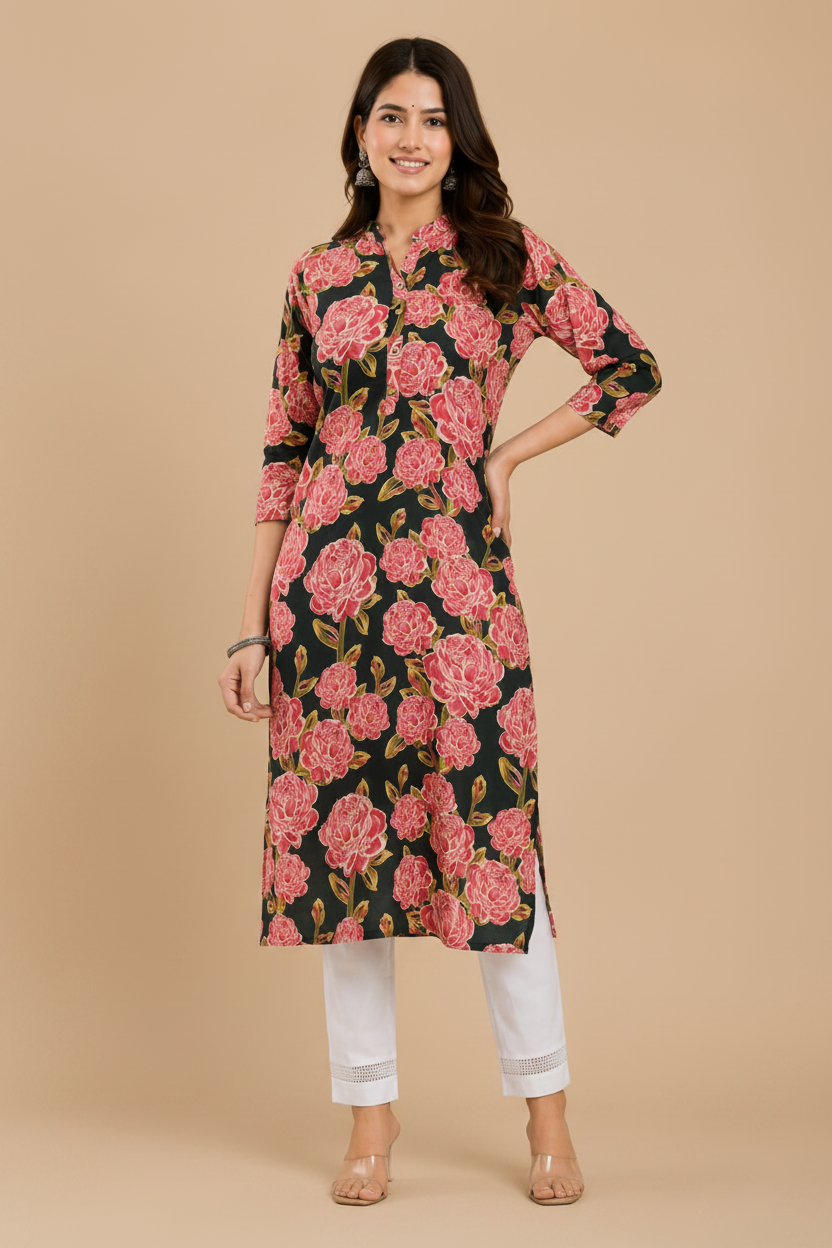 Women’s Black Floral Printed Straight Kurta